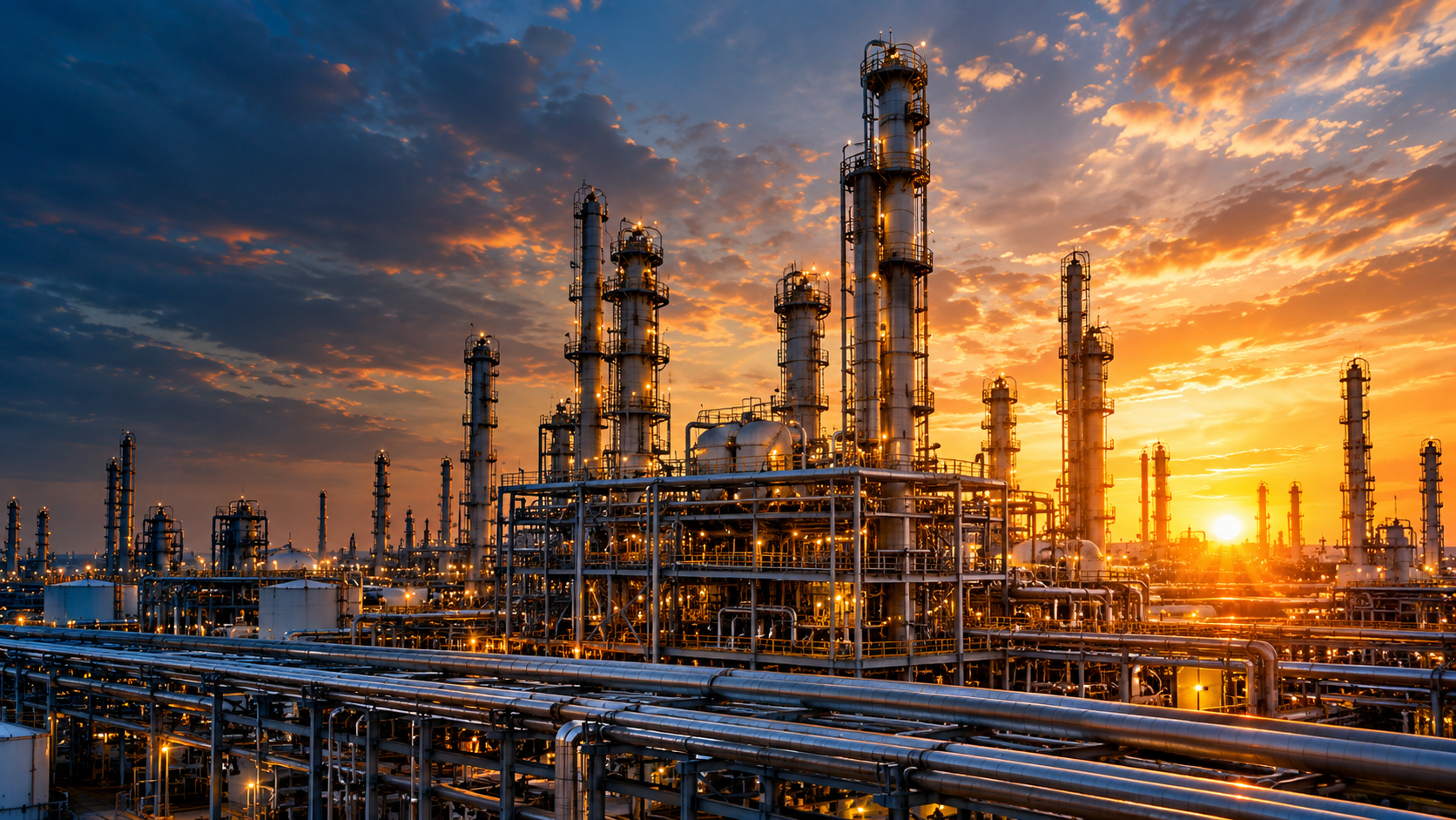 Petrochemical refinery at sunset