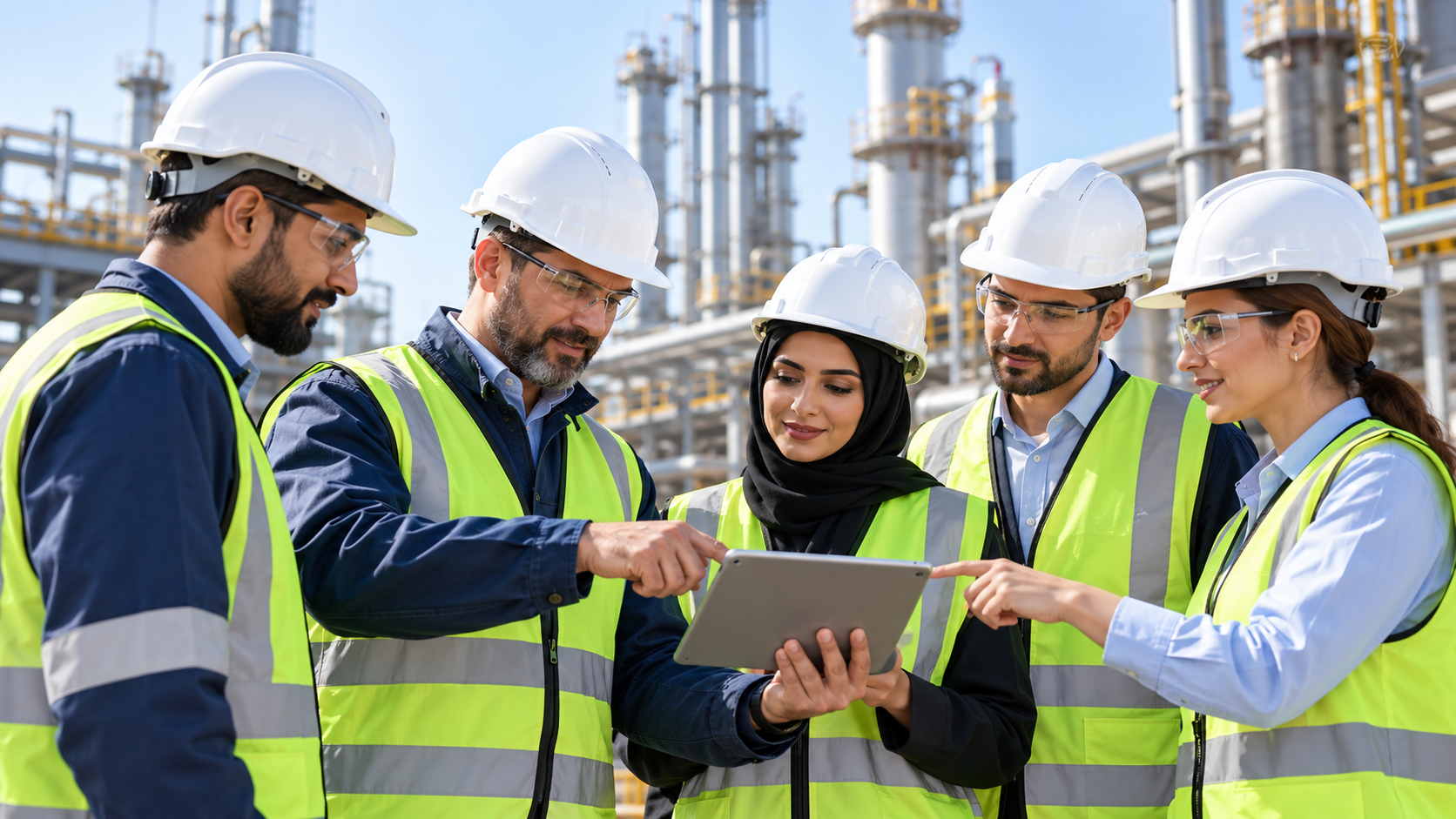 A team of safety professionals collaborating around a tablet
