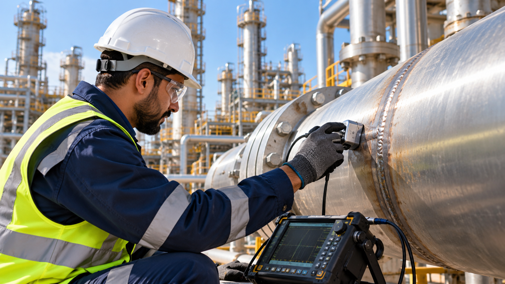 Industrial technician carrying out ultrasonic inspection on a large pipe