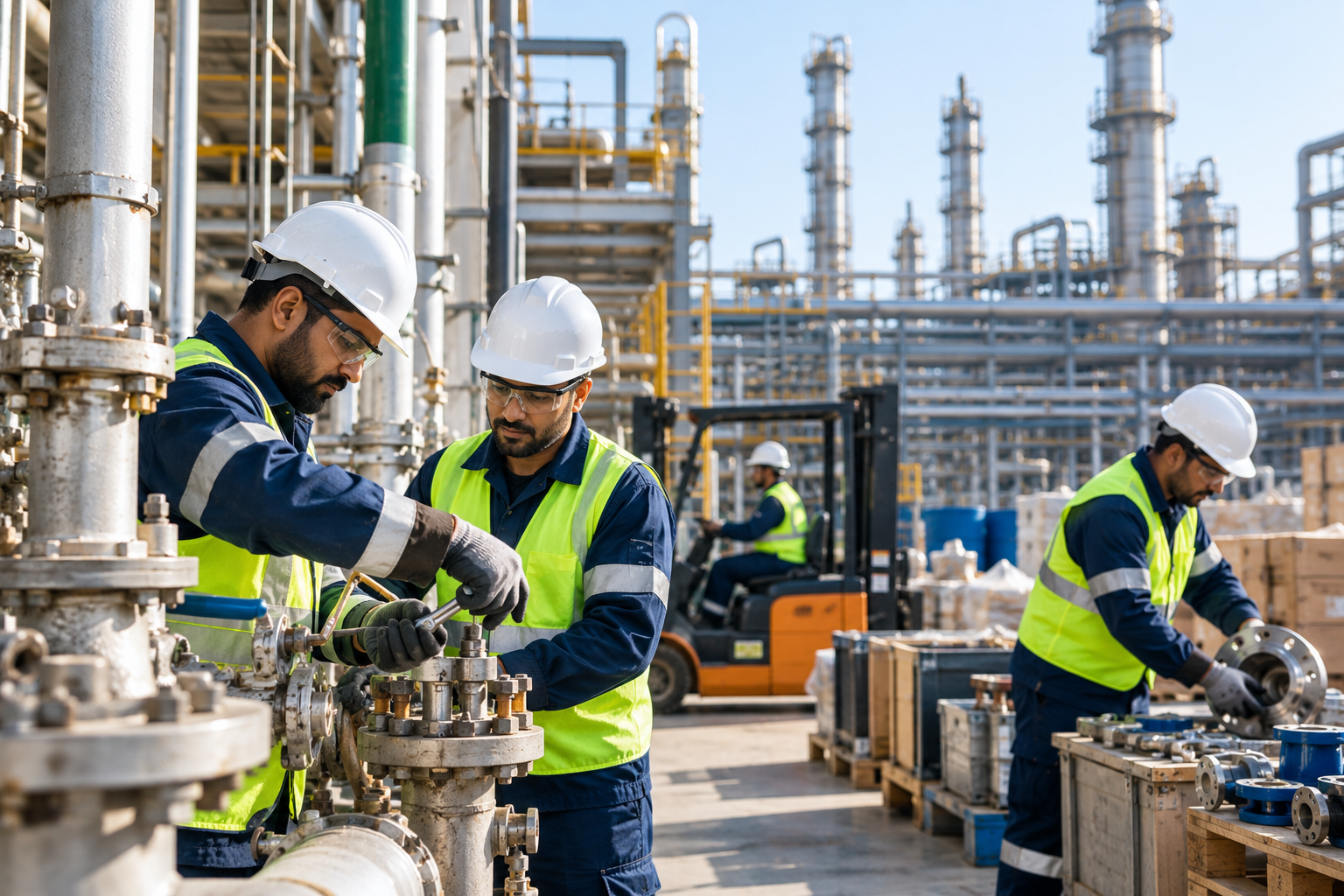 Industrial maintenance workers coordinating valve and pipe work at a refinery